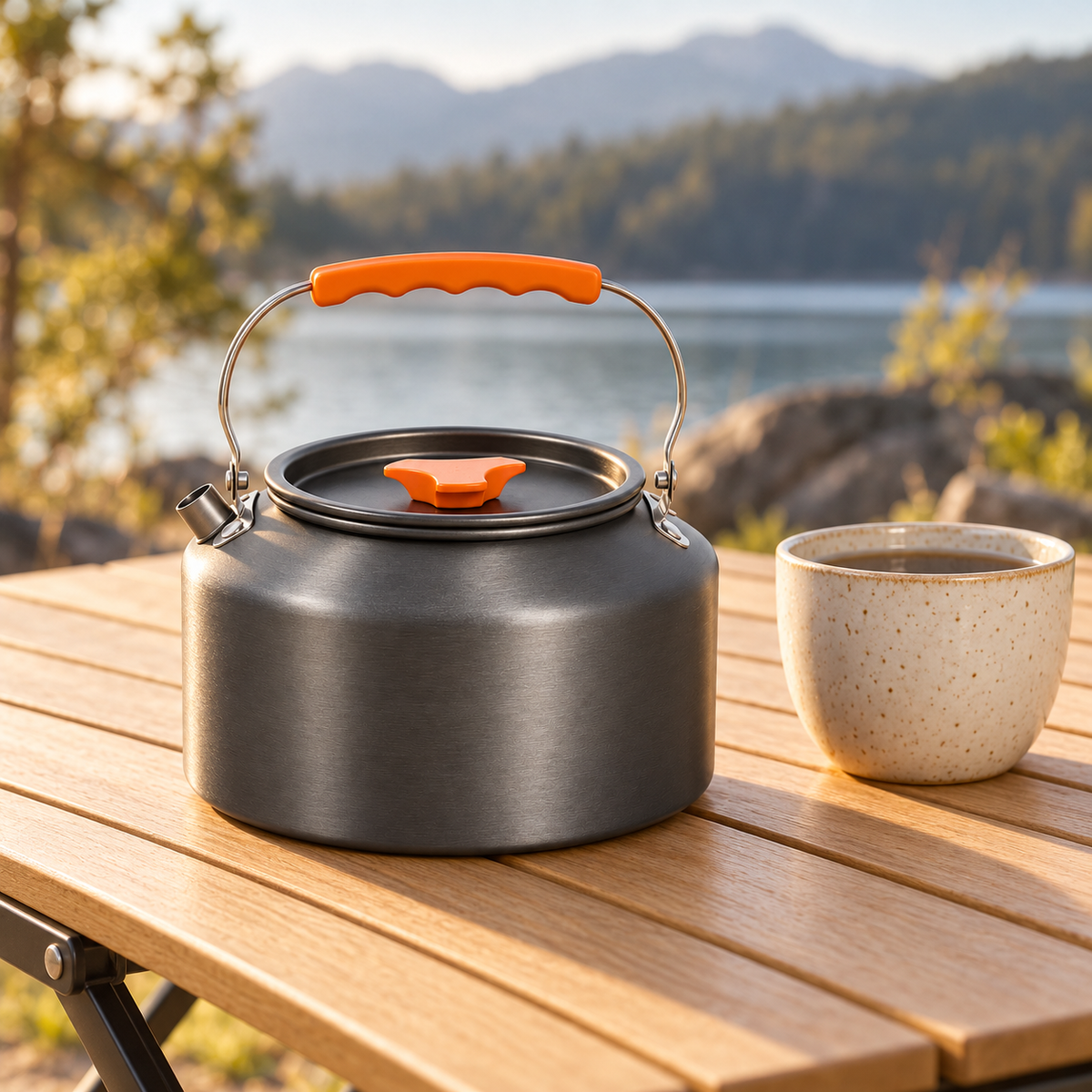 Camping Kettle — Gray & Orange — styled scene — product illustration