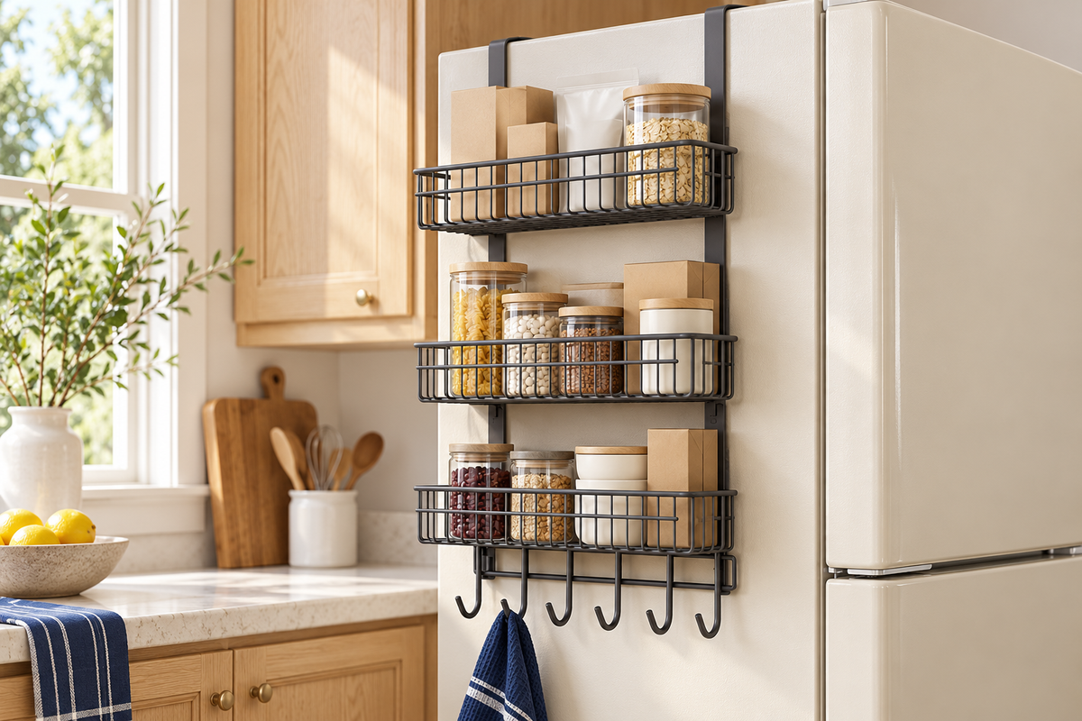 Delunie Three-Tier Refrigerator Side Organizer — Dark Gray — styled scene — product illustration