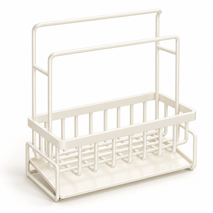 Cream sink caddy with two towel rails and a drip tray — product illustration