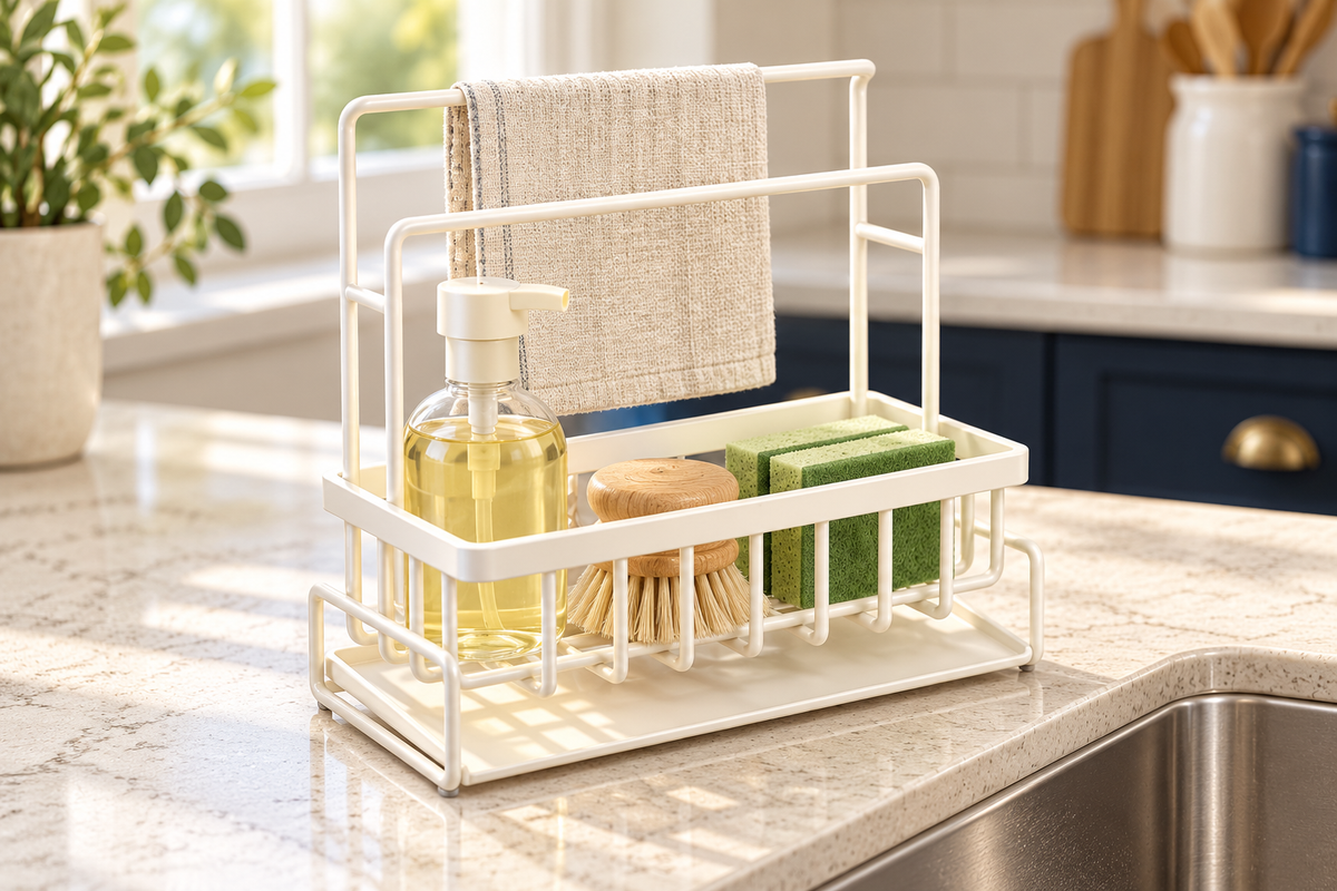 Sink caddy holding dishwashing essentials beside a kitchen sink — product illustration