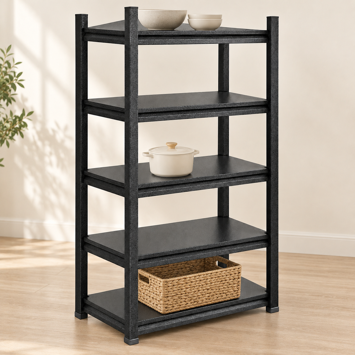 Black Five Shelf Kitchen Storage Rack — styled scene — product illustration