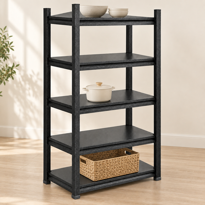 Black Five Shelf Kitchen Storage Rack — styled scene — product illustration