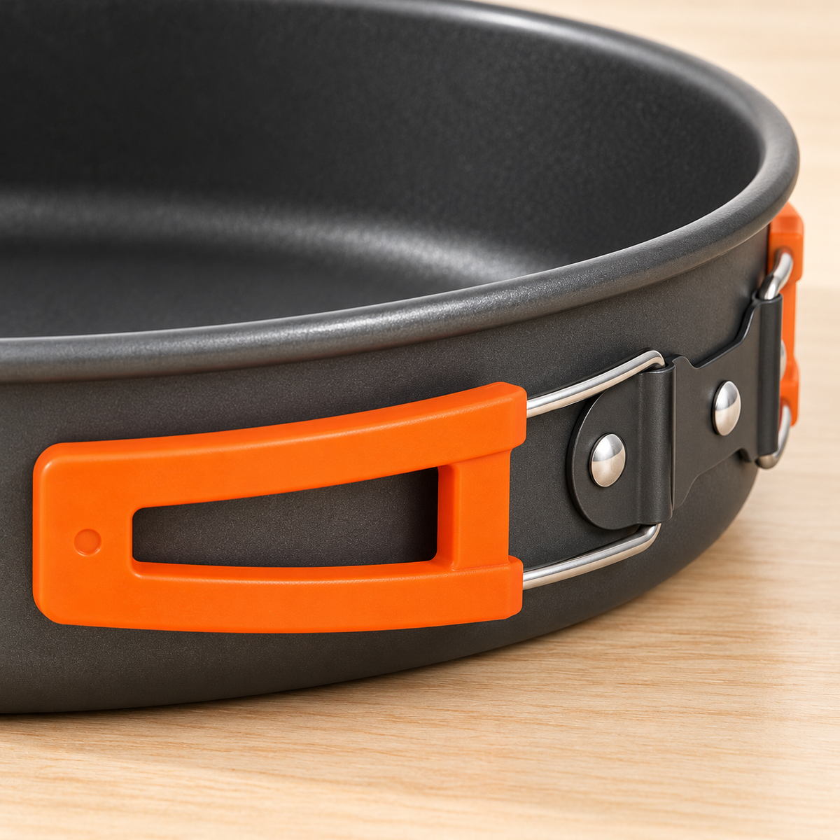 Gray Camping Cookware Set with Orange Handles — detail — product illustration