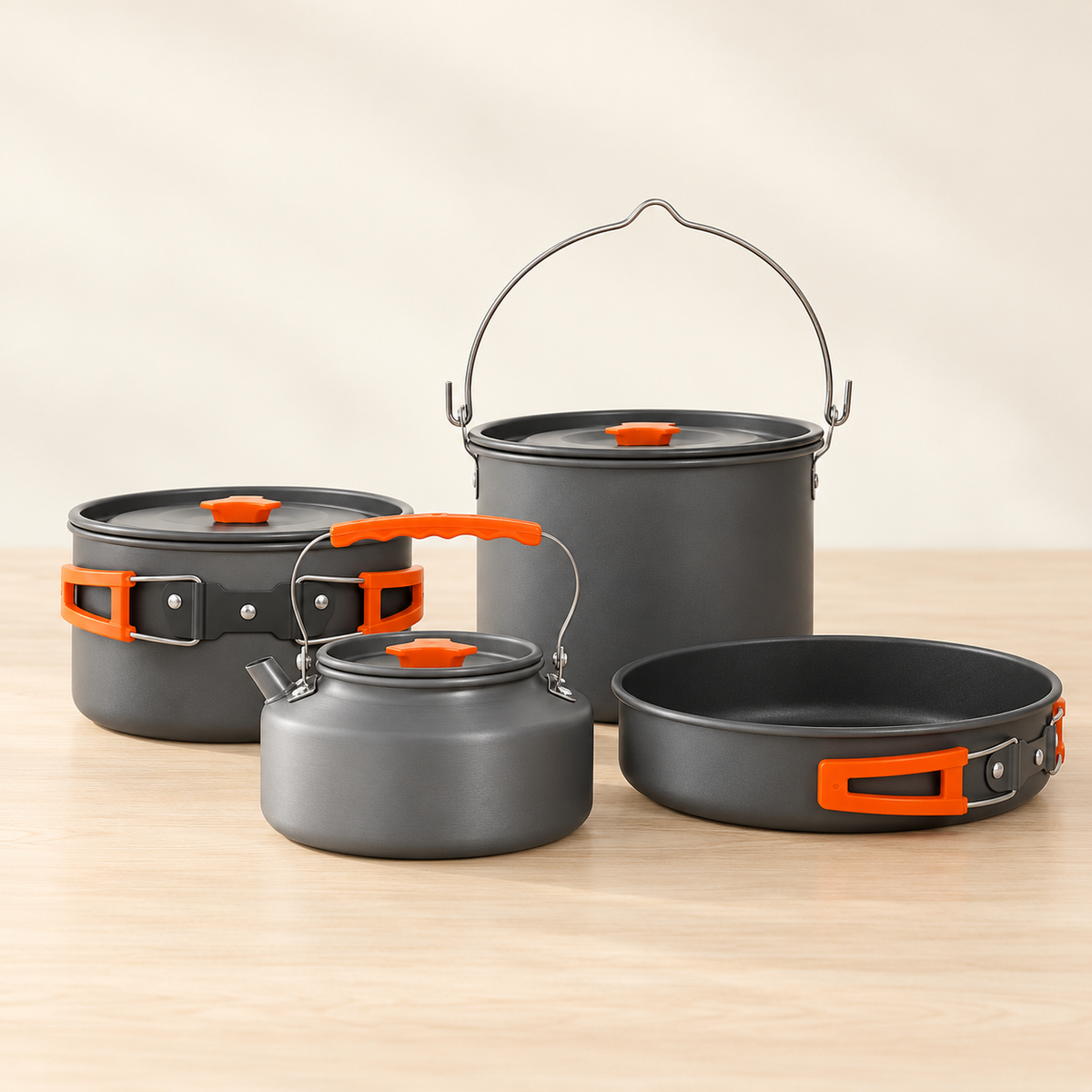Gray Camping Cookware Set with Orange Handles — product view — product illustration