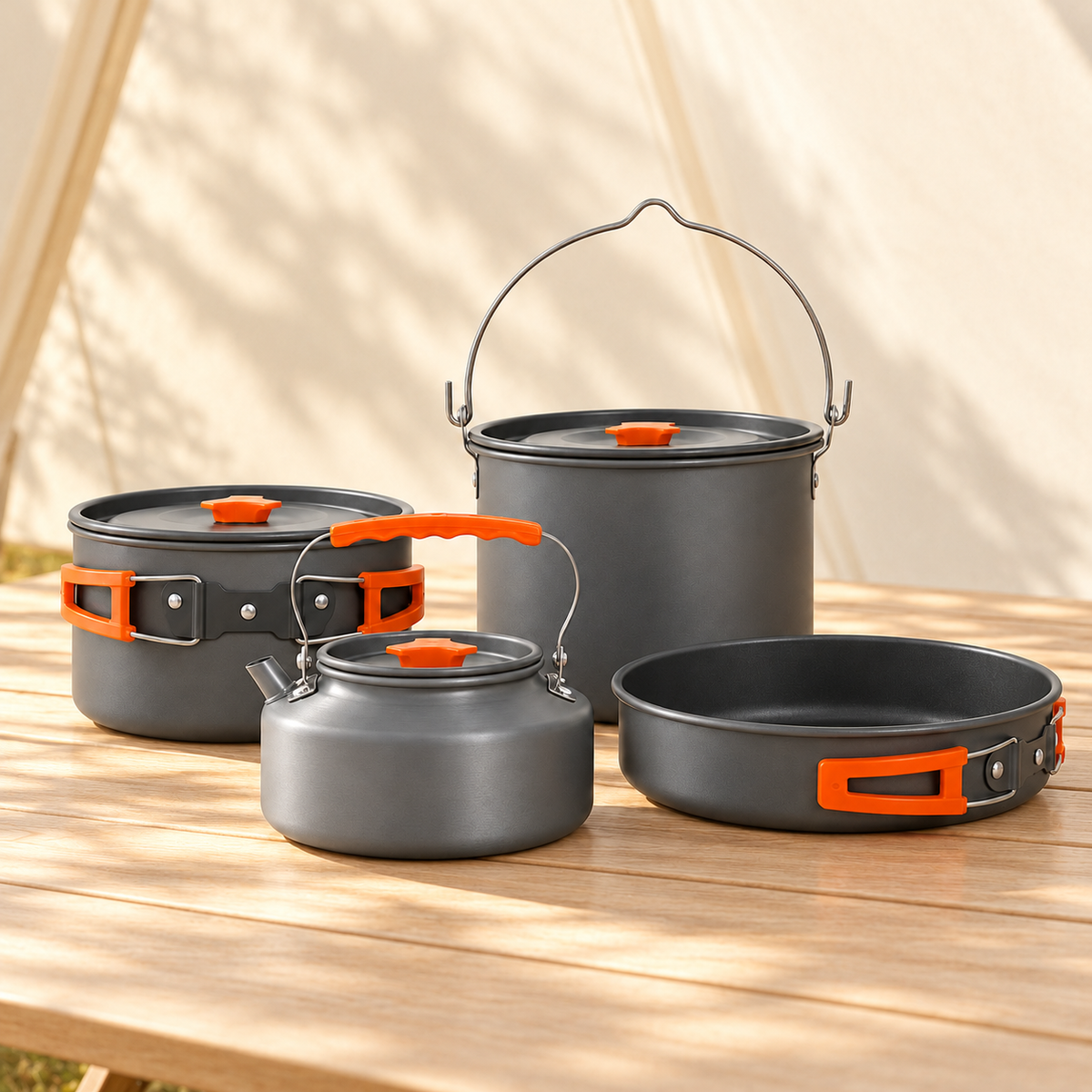 Gray Camping Cookware Set with Orange Handles — styled scene — product illustration