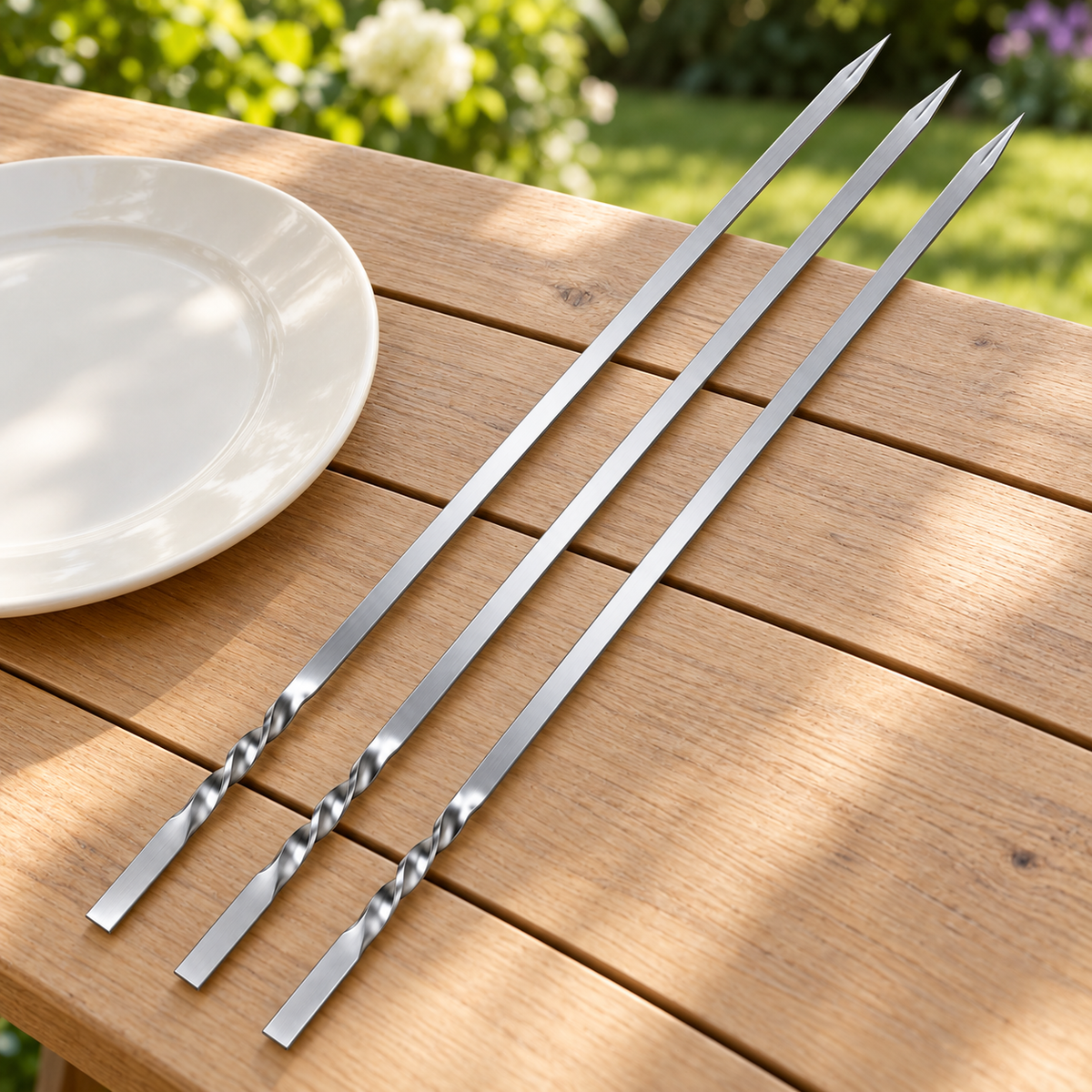 Flat Metal Barbecue Skewers — styled scene — product illustration