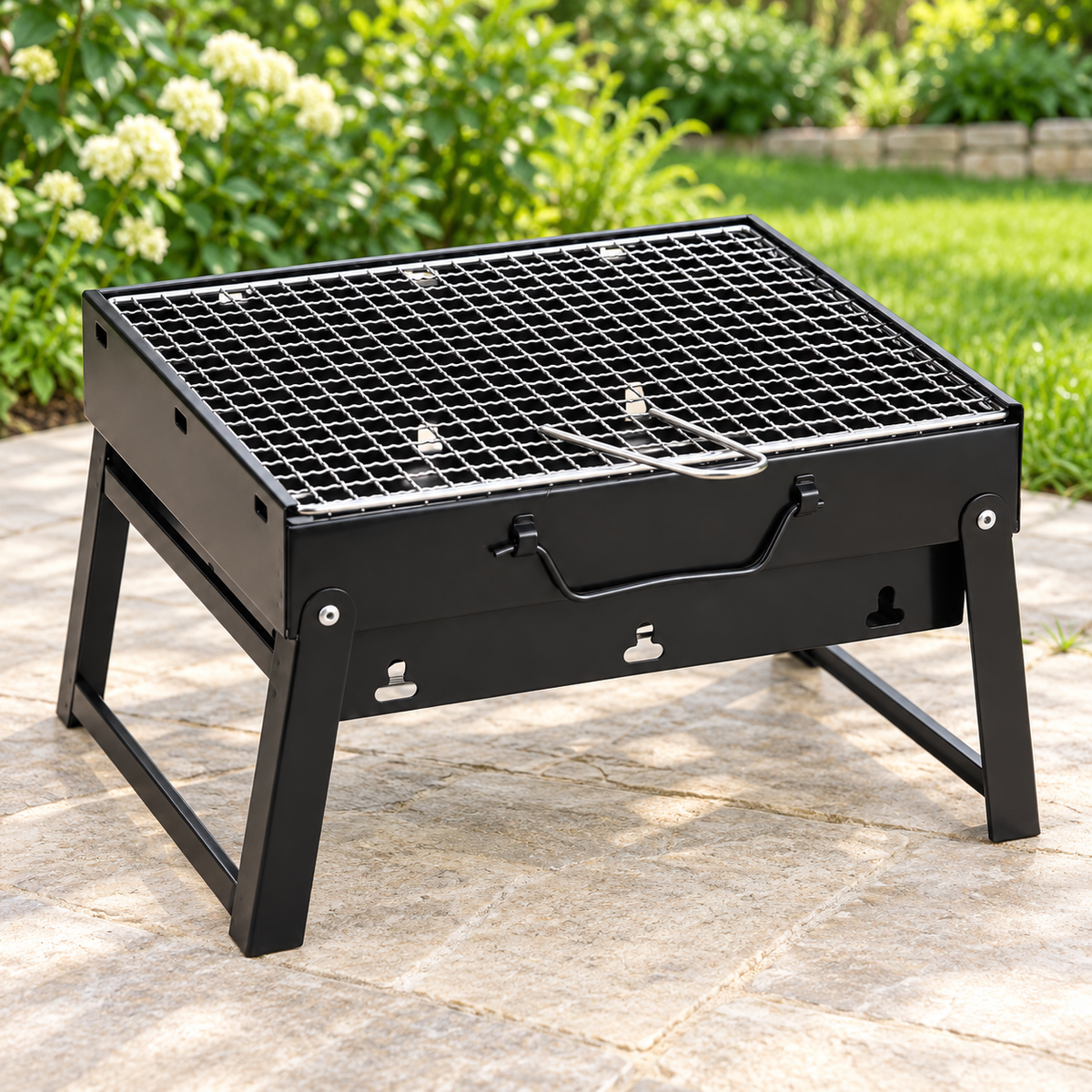 Compact Black Folding Charcoal Grill — styled scene — product illustration