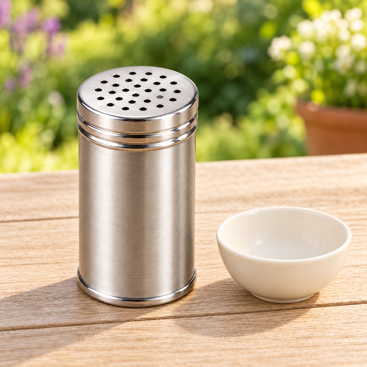 Silver Perforated Seasoning Shaker — styled scene — product illustration