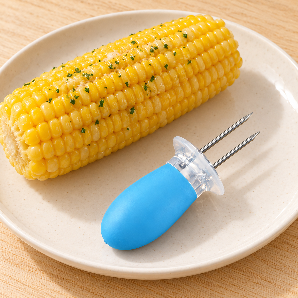 Blue Handle Corn Holder — styled scene — product illustration