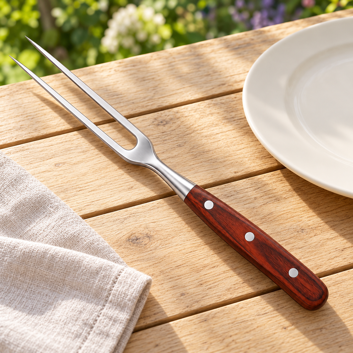Wood Handle Two Prong Carving Fork — styled scene — product illustration